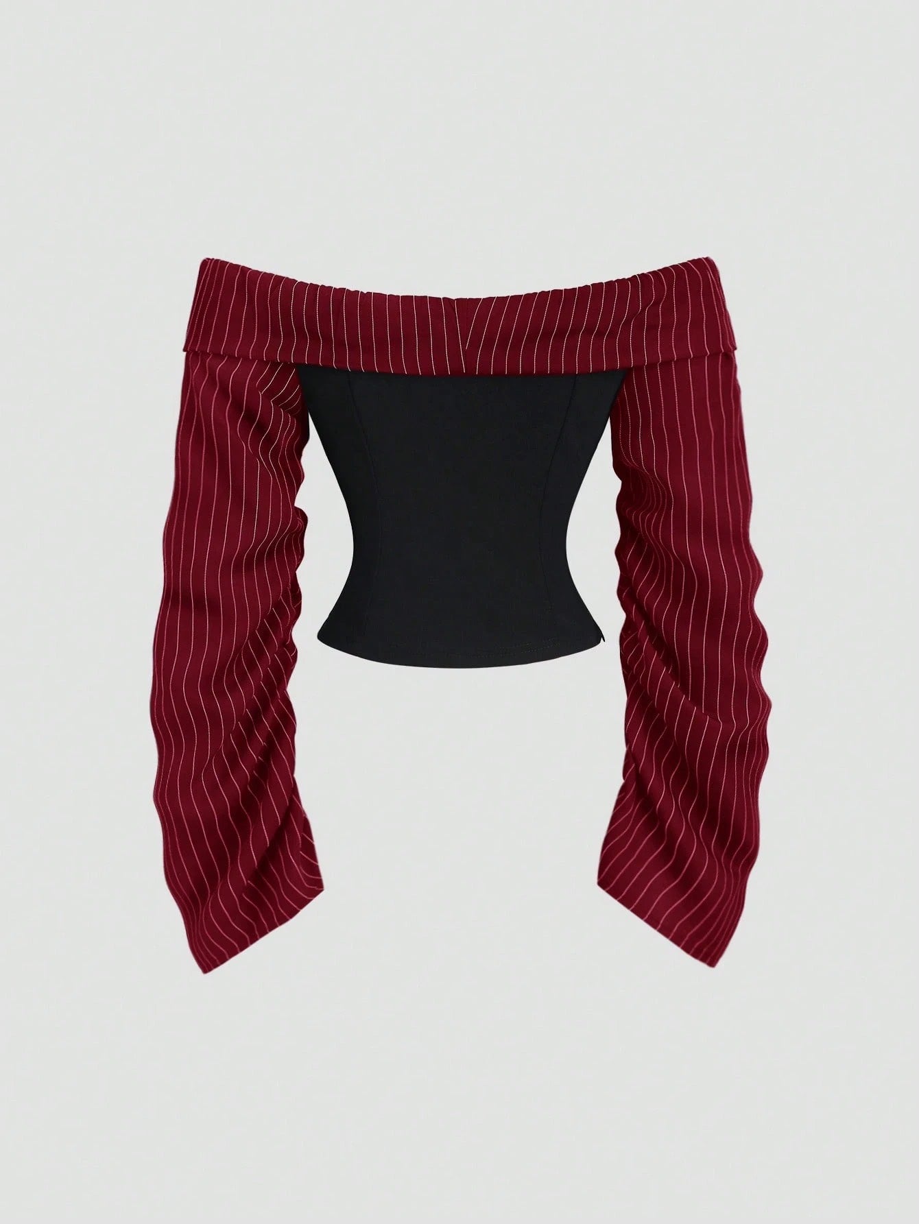 Two-tone off-shoulder black top with striped red sleeves and an attached necktie detail laid flat against a neutral background
