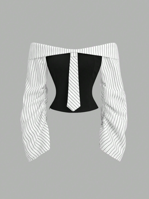 Two-tone off-shoulder black top with striped white sleeves and an attached necktie detail laid flat against a neutral background