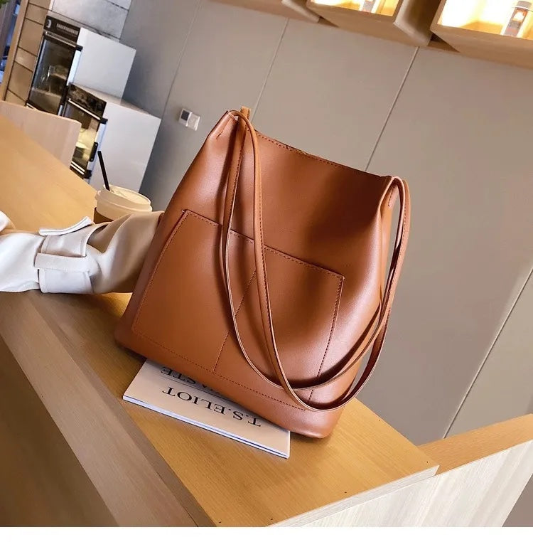 Bucket Shoulder Bag – Retro Solid Color, Large Capacity & Adjustable Strap