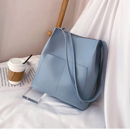 Bucket Shoulder Bag – Retro Solid Color, Large Capacity & Adjustable Strap