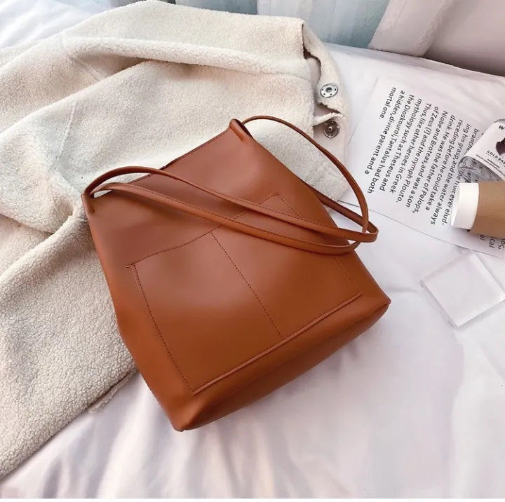 Bucket Shoulder Bag – Retro Solid Color, Large Capacity & Adjustable Strap