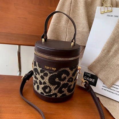 Women’s Small Bucket Crossbody Bag – PU Leather Houndstooth & Leopard Print Handbag, Trendy & Stylish