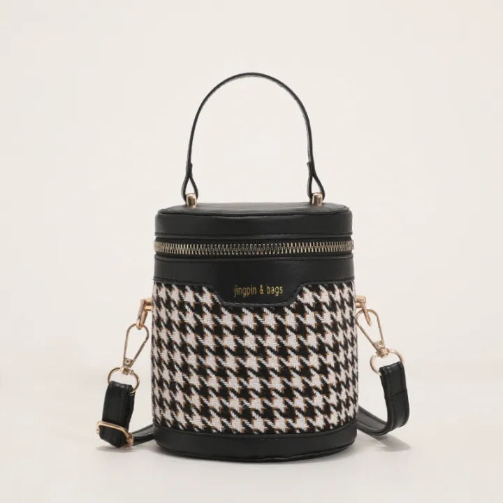 Women’s Small Bucket Crossbody Bag – PU Leather Houndstooth & Leopard Print Handbag, Trendy & Stylish