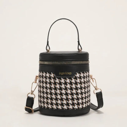 Women’s Small Bucket Crossbody Bag – PU Leather Houndstooth & Leopard Print Handbag, Trendy & Stylish