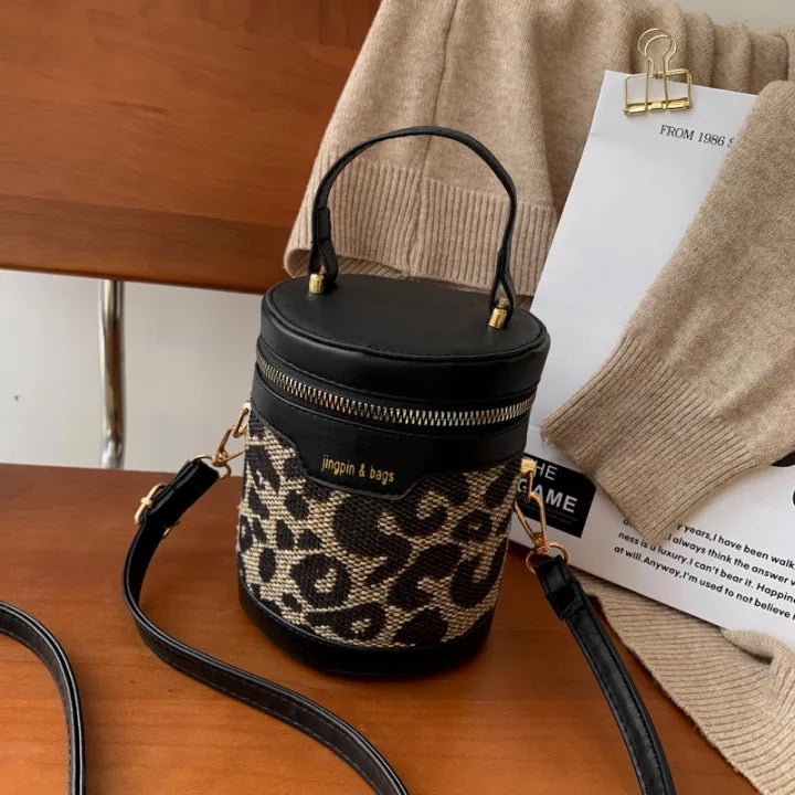 Women’s Small Bucket Crossbody Bag – PU Leather Houndstooth & Leopard Print Handbag, Trendy & Stylish