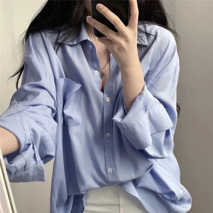Oversized Cotton Shirt for Women | Casual Workwear | Plus Size S-5XL | Blue, White, Black