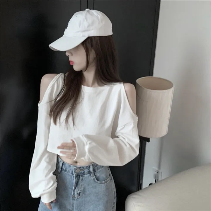 Women's Long Sleeve Crop Top with Scoop Neck | Autumn-Winter Casual Loose Fit T-Shirt