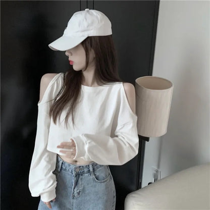 Women's Long Sleeve Crop Top with Scoop Neck | Autumn-Winter Casual Loose Fit T-Shirt