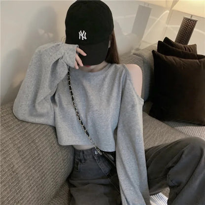 Women's Long Sleeve Crop Top with Scoop Neck | Autumn-Winter Casual Loose Fit T-Shirt