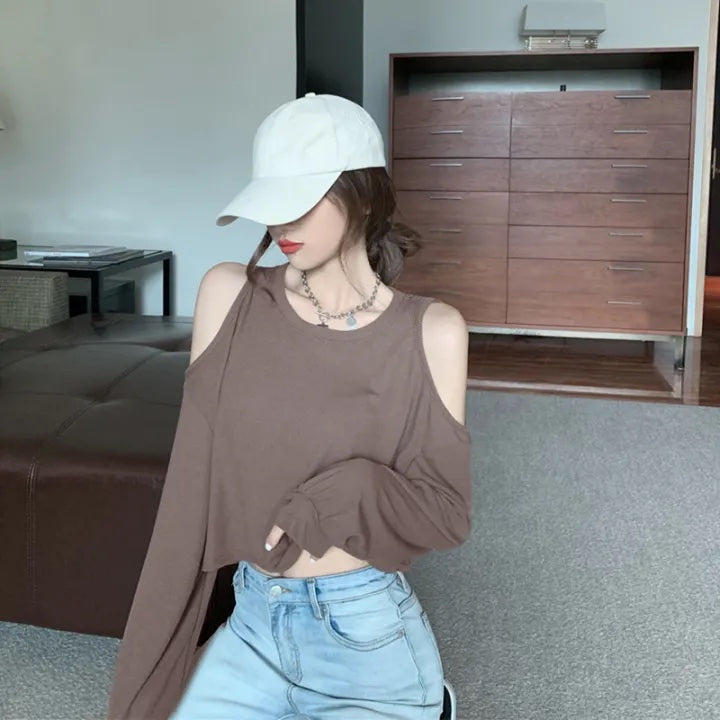 Women's Long Sleeve Crop Top with Scoop Neck | Autumn-Winter Casual Loose Fit T-Shirt