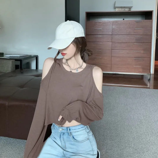 Women's Long Sleeve Crop Top with Scoop Neck | Autumn-Winter Casual Loose Fit T-Shirt