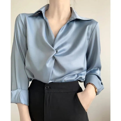 Elegant Women's Satin Wrap Blouse | Professional Office Shirt with Polo Collar