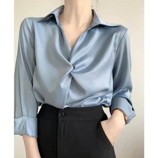 Elegant Women's Satin Wrap Blouse | Professional Office Shirt with Polo Collar