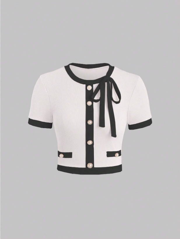 Women’s Contrast Color Slim Fit Graphic Tee – Button Detail Rib Knit Short Sleeve Casual T-Shirt in Pastel Shades