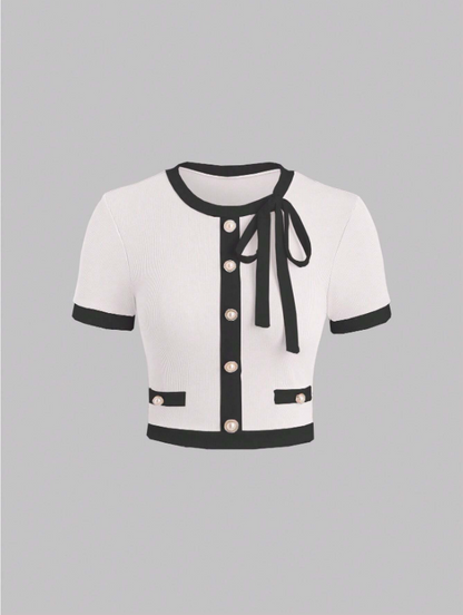Women’s Contrast Color Slim Fit Graphic Tee – Button Detail Rib Knit Short Sleeve Casual T-Shirt in Pastel Shades