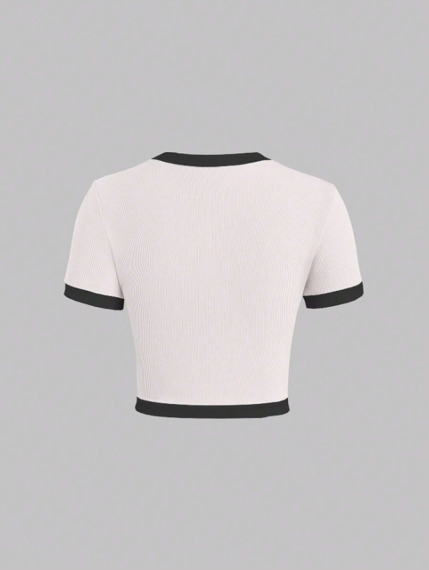 Women’s Contrast Color Slim Fit Graphic Tee – Button Detail Rib Knit Short Sleeve Casual T-Shirt in Pastel Shades