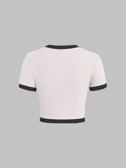 Women’s Contrast Color Slim Fit Graphic Tee – Button Detail Rib Knit Short Sleeve Casual T-Shirt in Pastel Shades