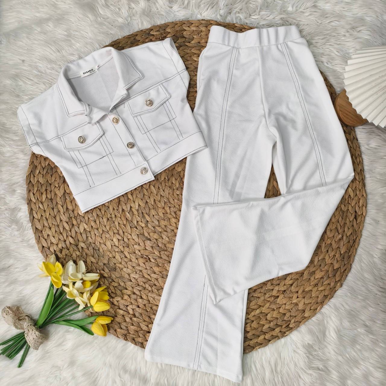 Stylish Wool Wave Co-ord Set with Collared Crop Top & High-Waisted Cuffed Pants | Trendy Two-Piece Set