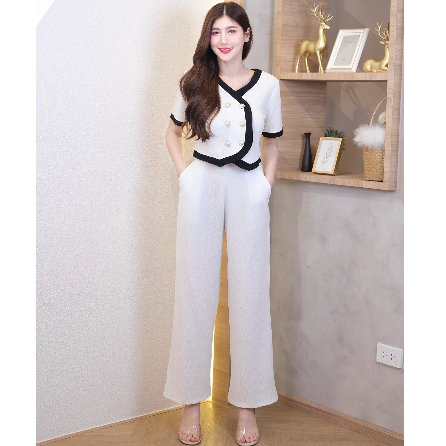 Chic Pearl-Button Wool Co-ord Set – Suit-Style Top & Tailored Pants with Pockets