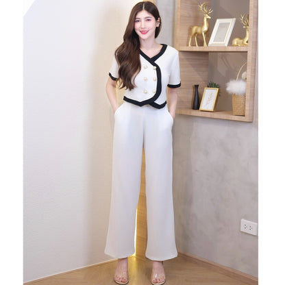 Chic Pearl-Button Wool Co-ord Set – Suit-Style Top & Tailored Pants with Pockets