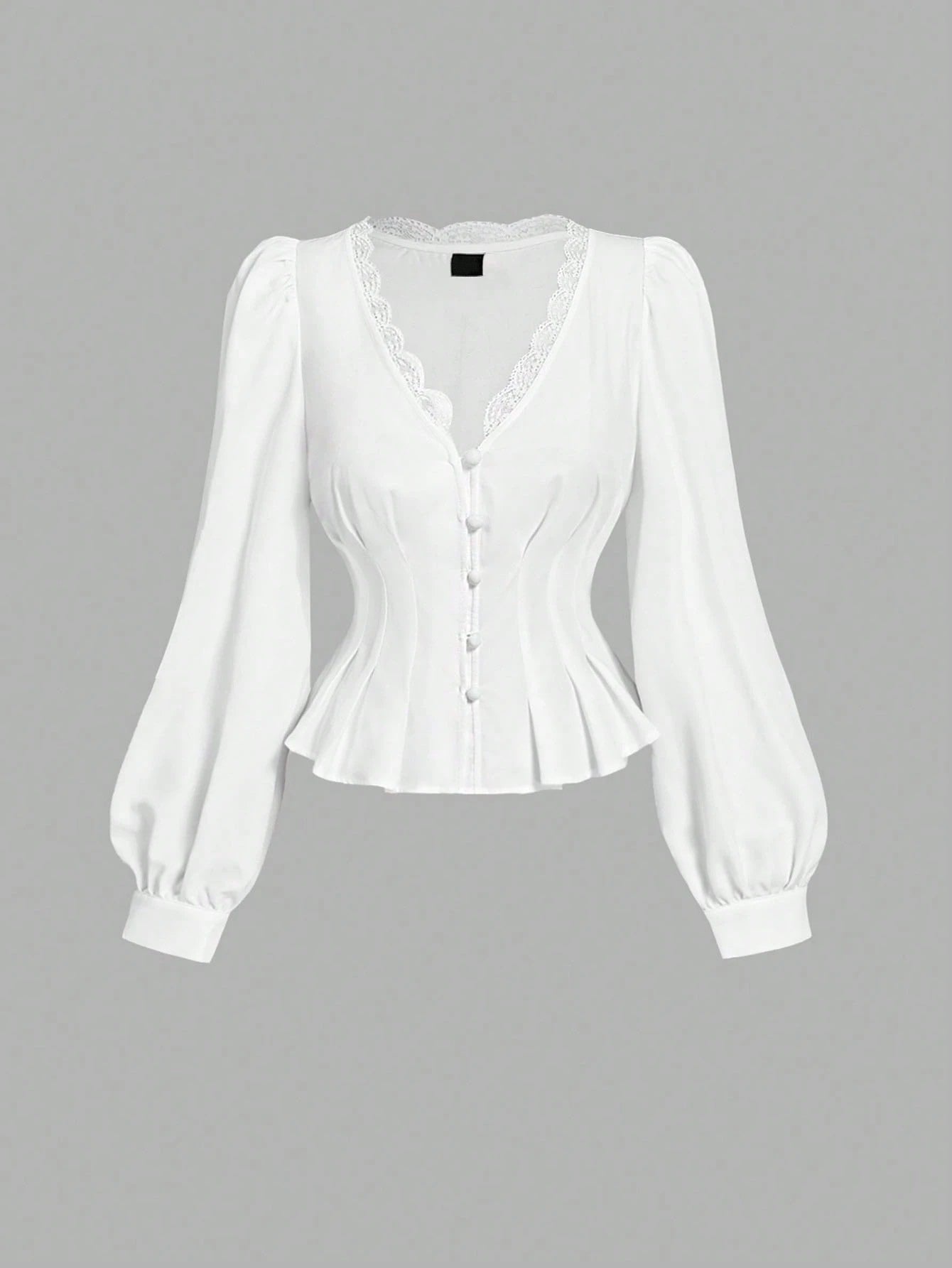 White striped long-sleeve peplum blouse with a lace-trim V-neck, button-front closure, and lantern sleeves against a neutral background.