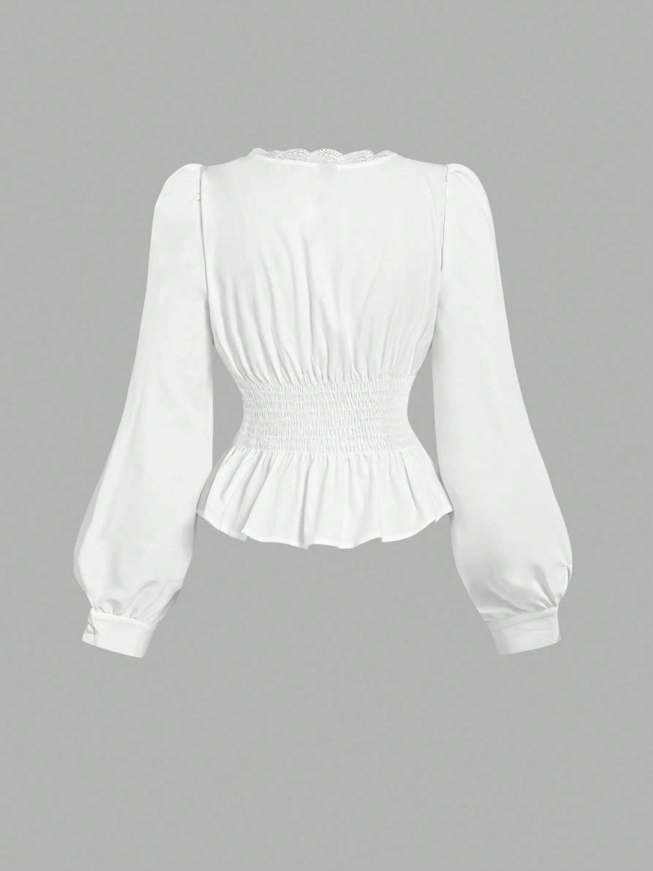 White striped long-sleeve peplum blouse with a lace-trim V-neck, button-front closure, and lantern sleeves against a neutral background.