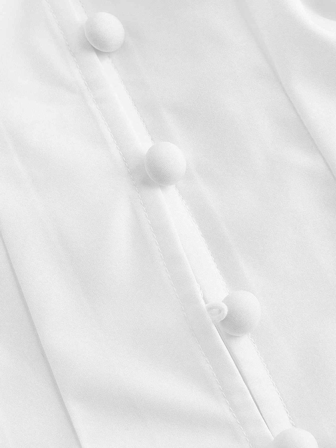 White striped long-sleeve peplum blouse with a lace-trim V-neck, button-front closure, and lantern sleeves against a neutral background.