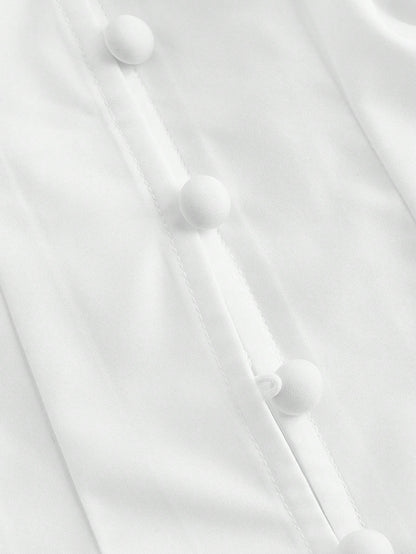 White striped long-sleeve peplum blouse with a lace-trim V-neck, button-front closure, and lantern sleeves against a neutral background.