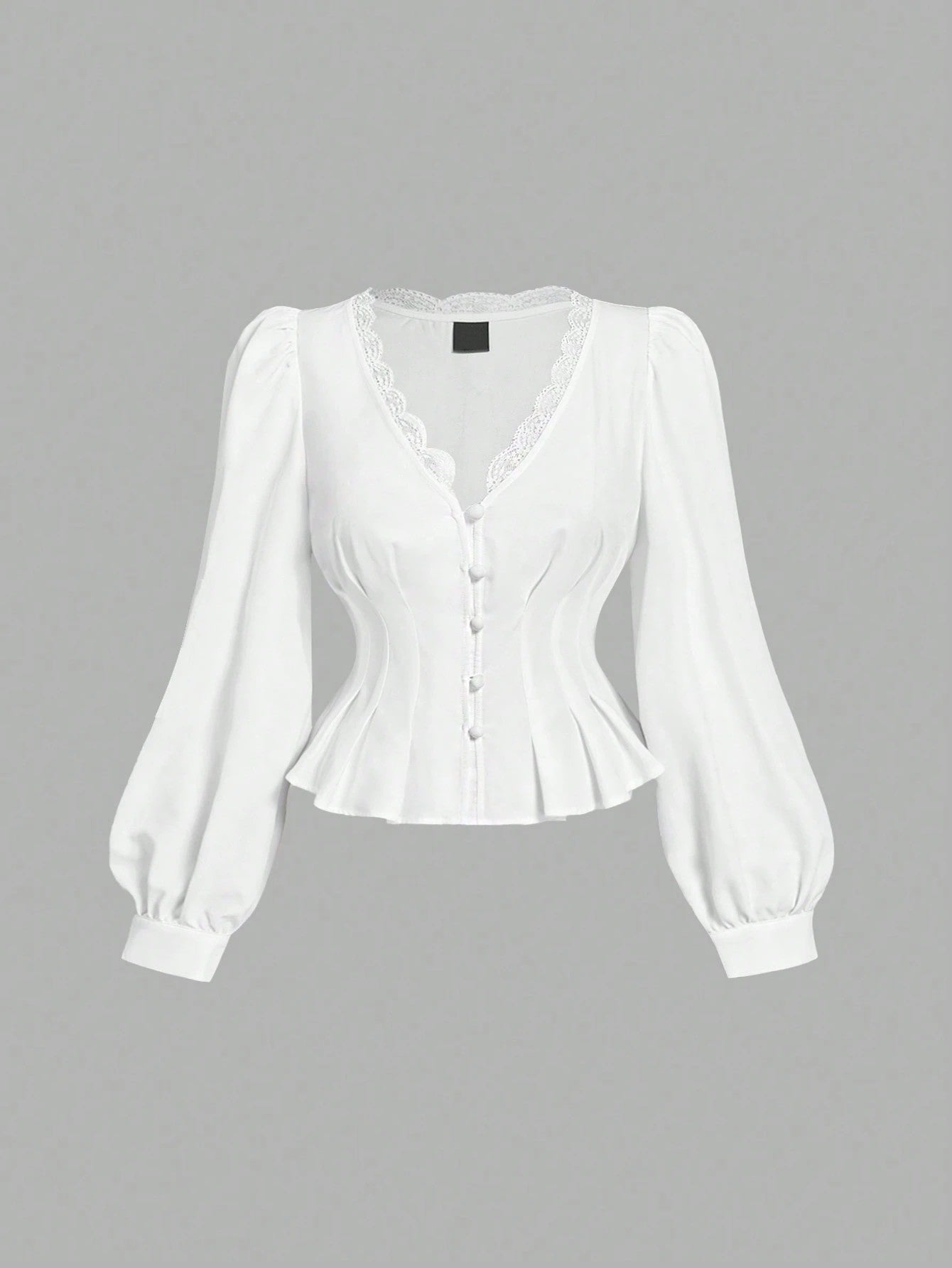 White striped long-sleeve peplum blouse with a lace-trim V-neck, button-front closure, and lantern sleeves against a neutral background.