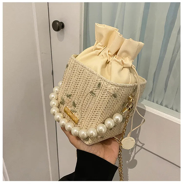 Mini Acrylic Pleated Drawstring Bag – Trendy Pearl Decor Handbag | Geometric Box Clutch