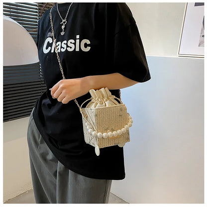 Mini Acrylic Pleated Drawstring Bag – Trendy Pearl Decor Handbag | Geometric Box Clutch