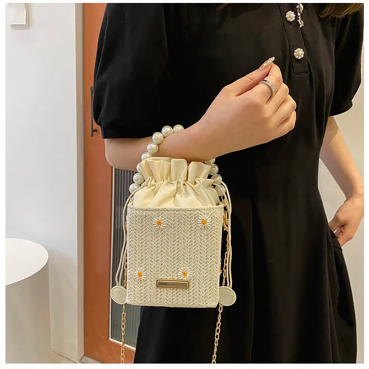 Mini Acrylic Pleated Drawstring Bag – Trendy Pearl Decor Handbag | Geometric Box Clutch