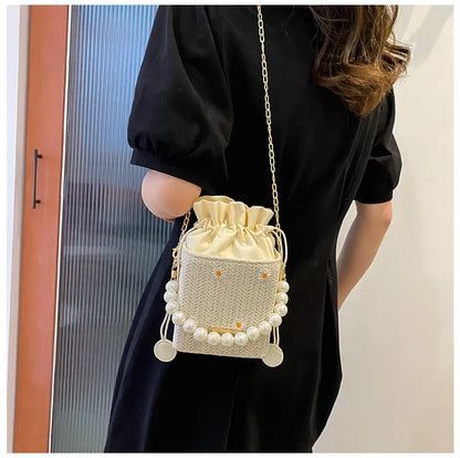 Mini Acrylic Pleated Drawstring Bag – Trendy Pearl Decor Handbag | Geometric Box Clutch