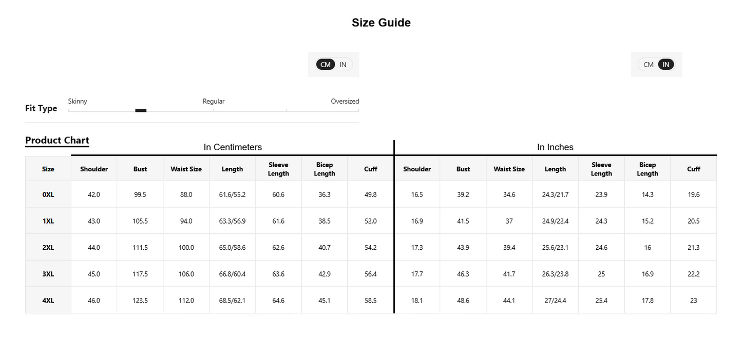 Size chart for clothing with measurements in centimeters and inches.