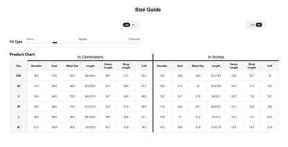A size chart and product size guide table showing measurements in centimeters and inches for clothing sizes XXS through XL, with fit type and color options at the top.