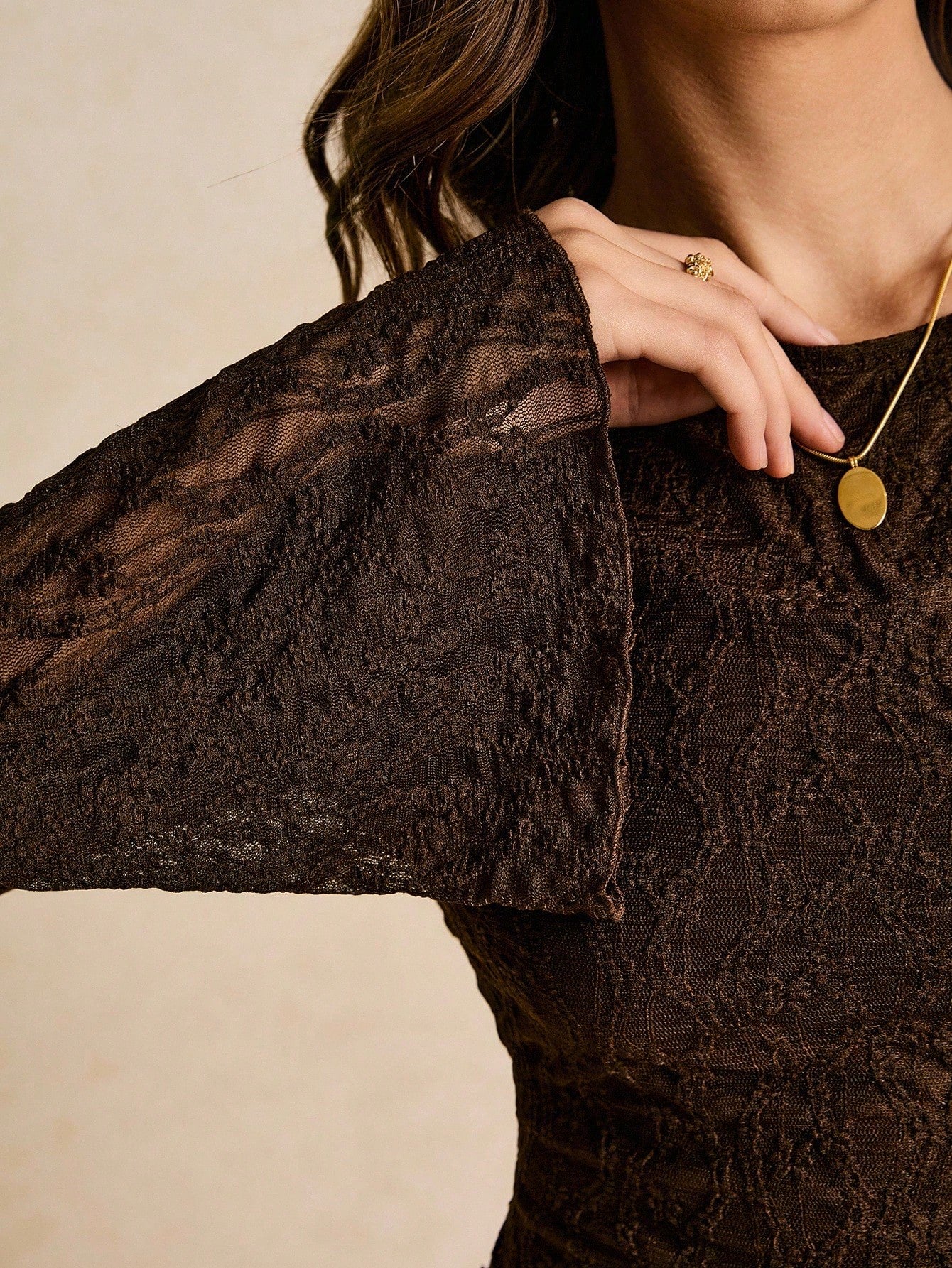 Women's elegant lace flare sleeve asymmetric top in white, brown, red violet, and black paired with a black skirt for a trendy Gen Z look.
