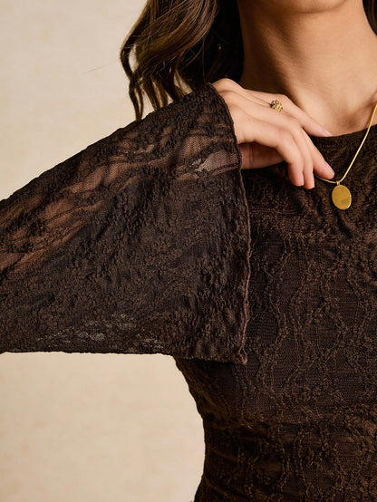 Women's elegant lace flare sleeve asymmetric top in white, brown, red violet, and black paired with a black skirt for a trendy Gen Z look.