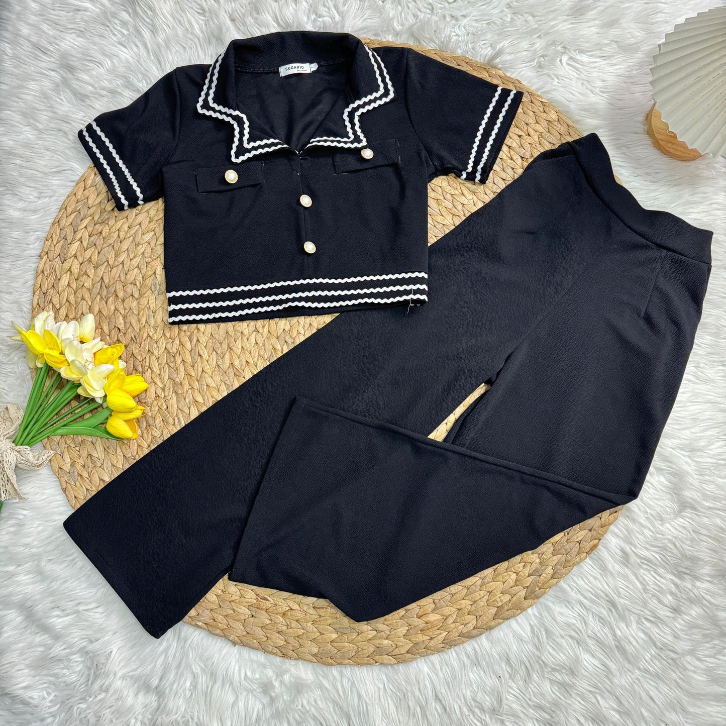 Wool Wave Co-ord Set with Collared Crop Top & Smocked Waist Pants | Chic Two-Piece Outfit