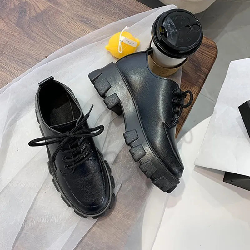 Chunky Platform PU Leather Lace-Up Shoes for Women – Mirror & Matte Black JK Style Loafers