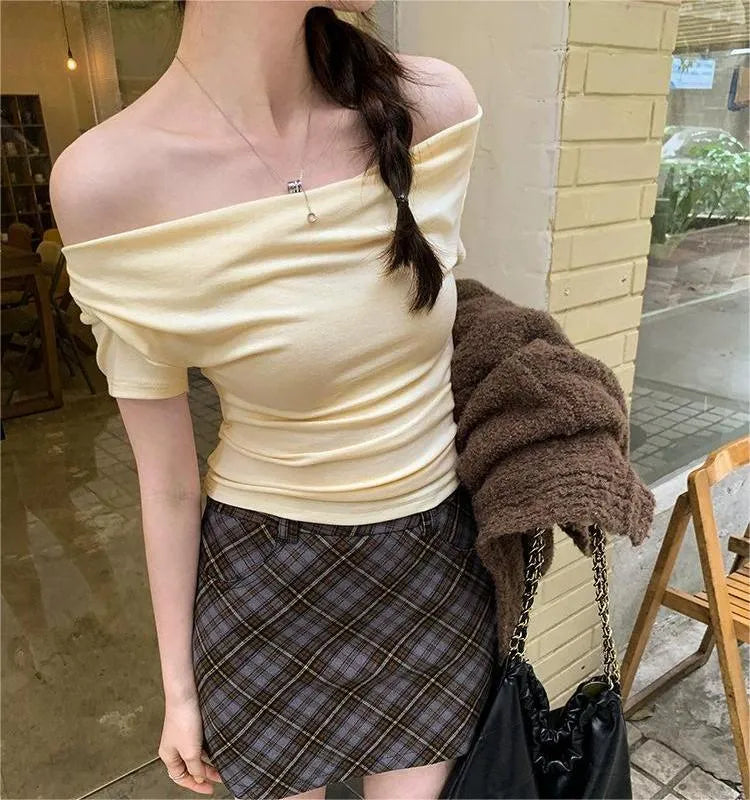 Trendy Off-Shoulder Crop Top for Women | Korean Style Short Sleeve T-Shirt in Multiple Colors | Summer Must-Have