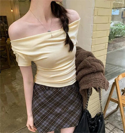 Trendy Off-Shoulder Crop Top for Women | Korean Style Short Sleeve T-Shirt in Multiple Colors | Summer Must-Have