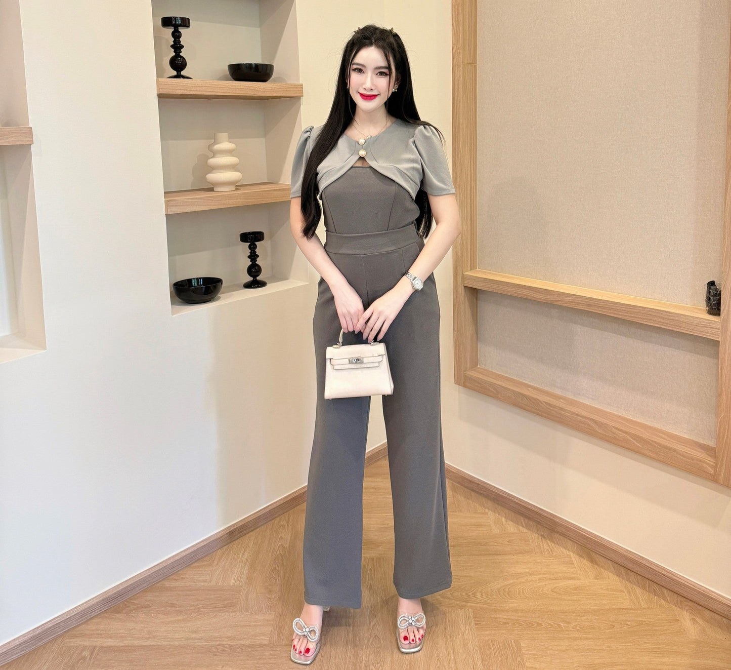 Elegant Wool Wave Co-ord Set with Cropped Shrug & Wide-Leg Pants | Trendy Two-Piece Outfit
