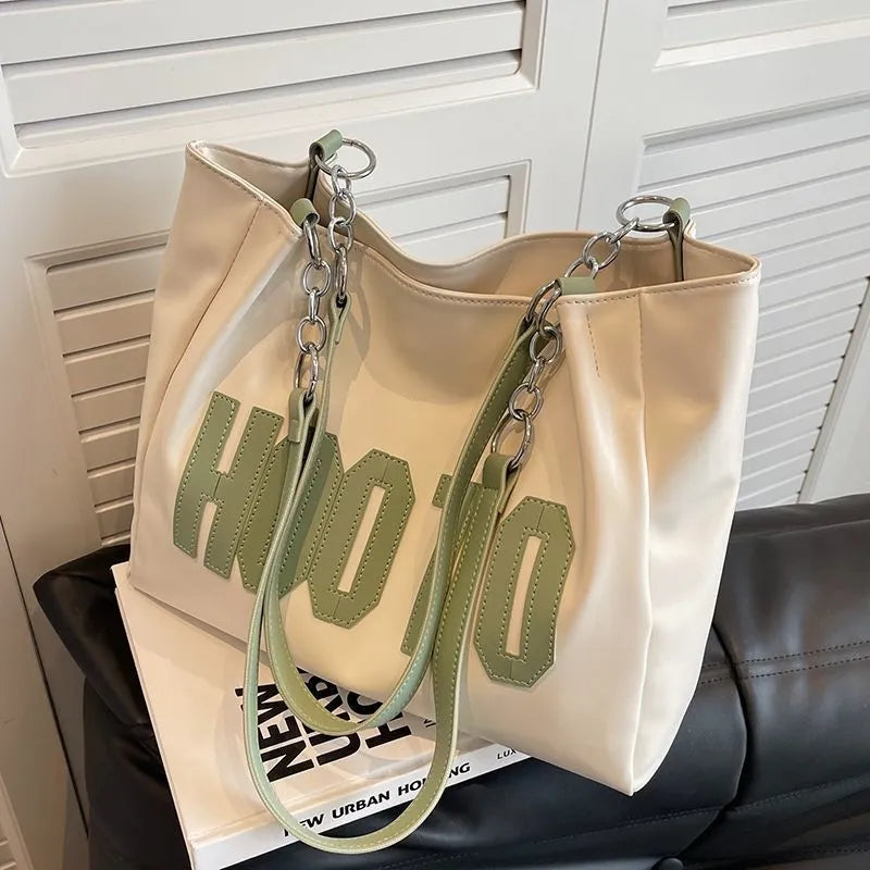 Large-Capacity Shoulder Bag with Zipper – Bold Colors & Chain Strap Detail