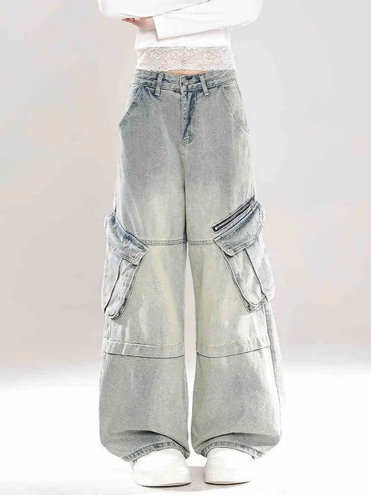 Vintage Skinny Denim Cargo Jeans – High Waist with Oversized Pockets