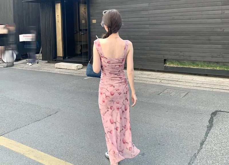 Pink Floral Strapless Midi Dress – Vintage-Inspired Pleated Summer Dress