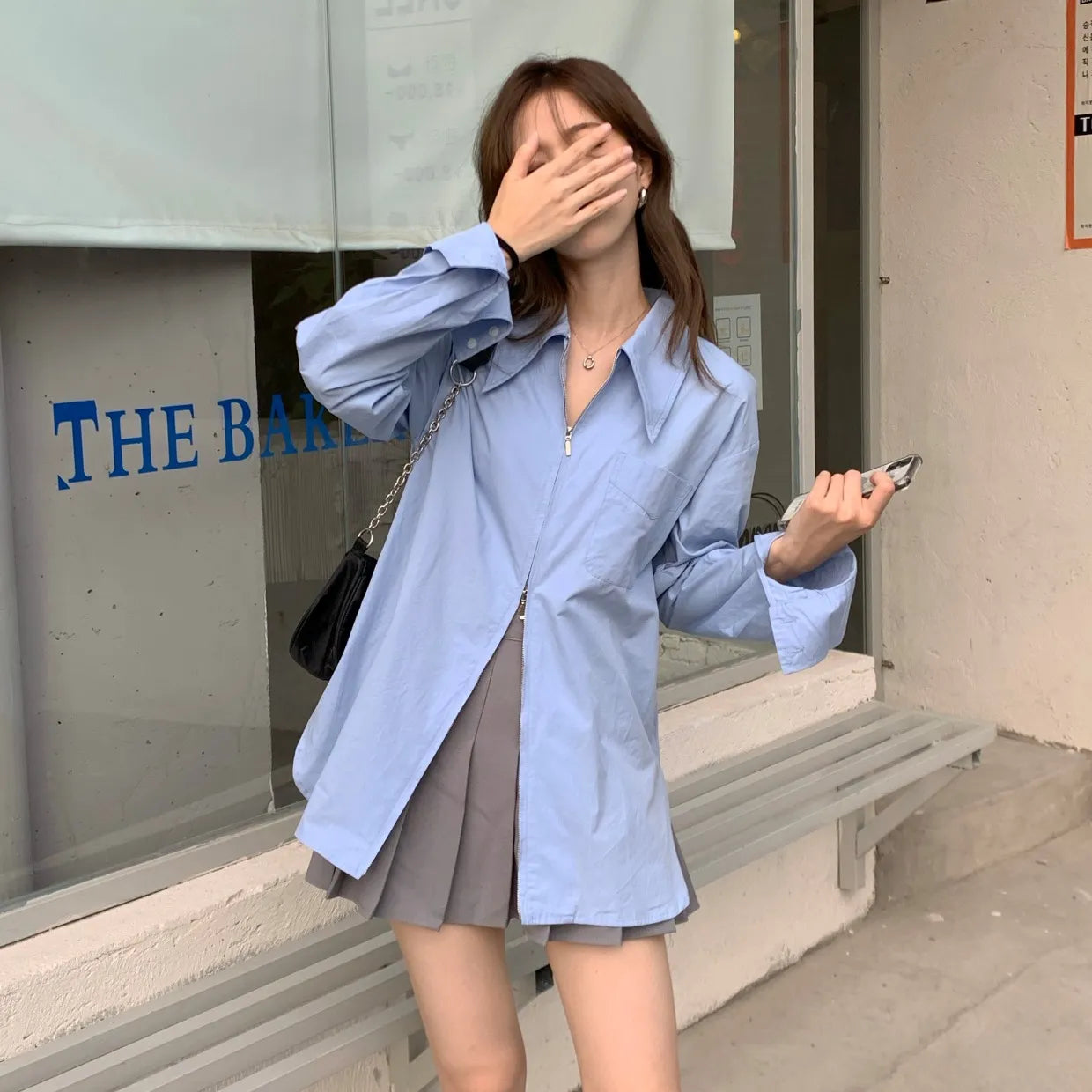 Korean Style Oversized Zipper Shirt for Women | Long Sleeve Minimalist Lapel Top | Trendy Look