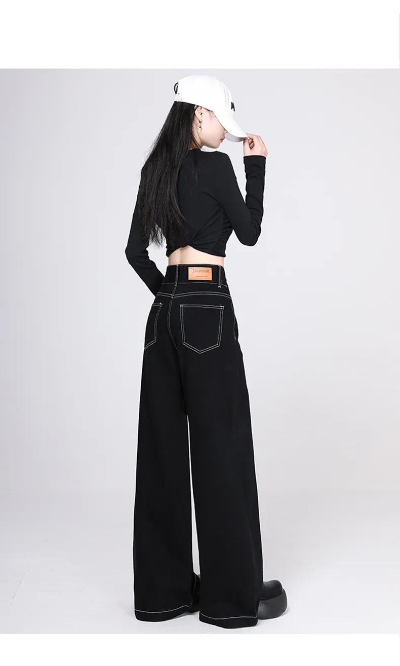 High Waist Black Wide-Leg Denim Jeans – Plus Size, Loose Fit, Y2K Street Style Pants