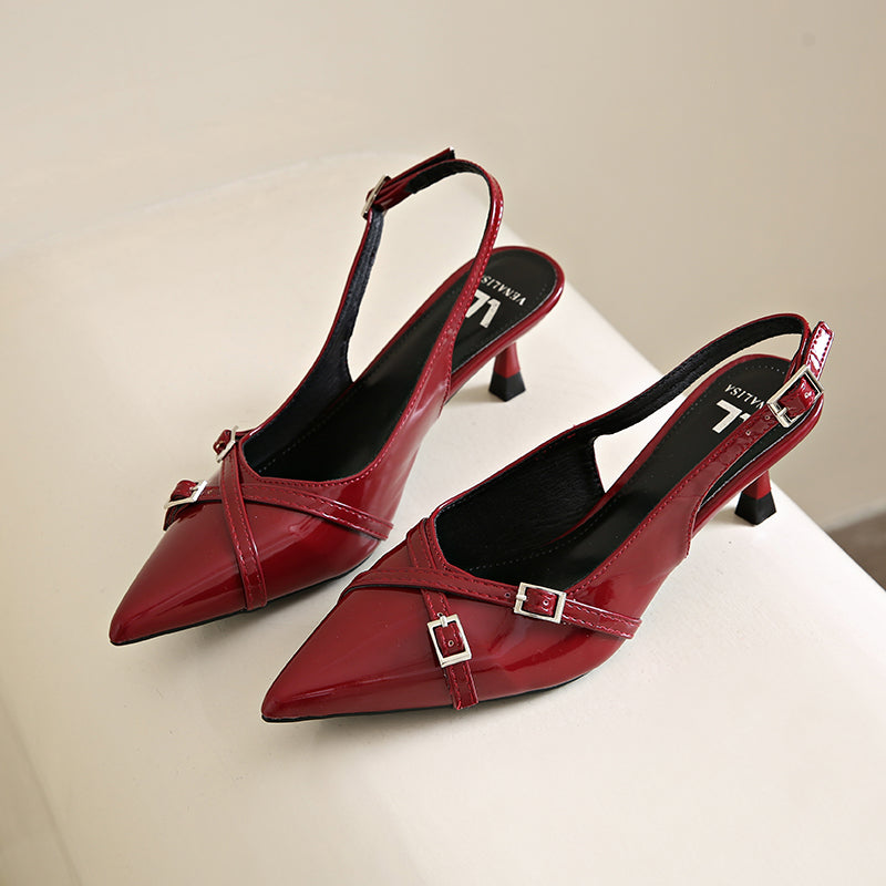 Elegant Pointed Toe Slingback Heels for Women – 3-Inch PU Leather Cone Heel Sandals