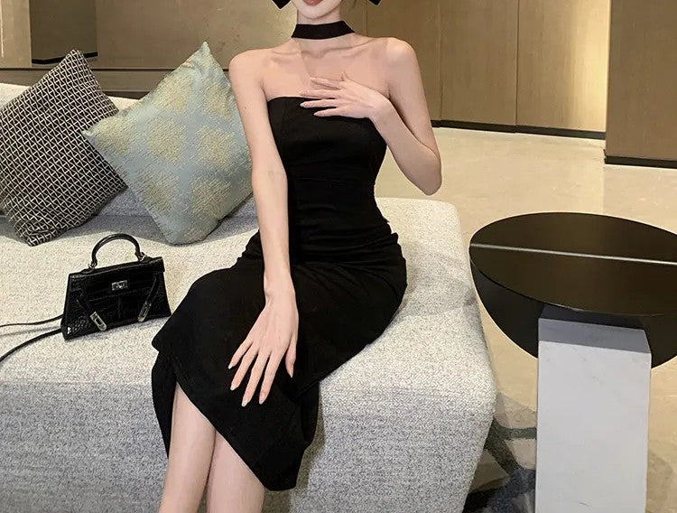 Elegant Black Strapless Maxi Dress with Back Bow & Slit – Sleeveless Empire Waist Formal Gown