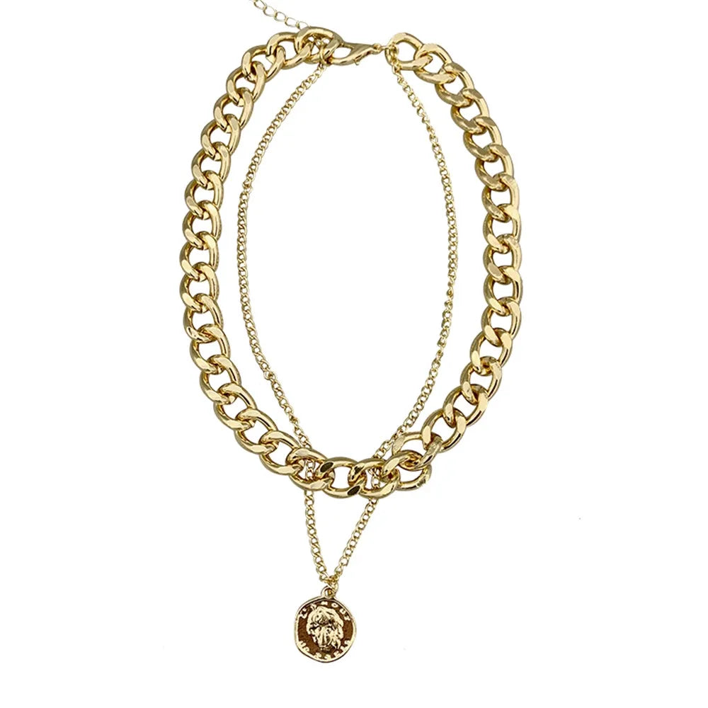 Hip Hop Coin Pendant Chain Necklace for Women – Adjustable Layered Punk Style in Gold & Silver Tone